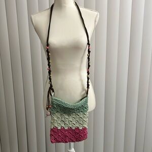 YK2 Boho Crochet hippie green and Pink Textured Crossbody bag
